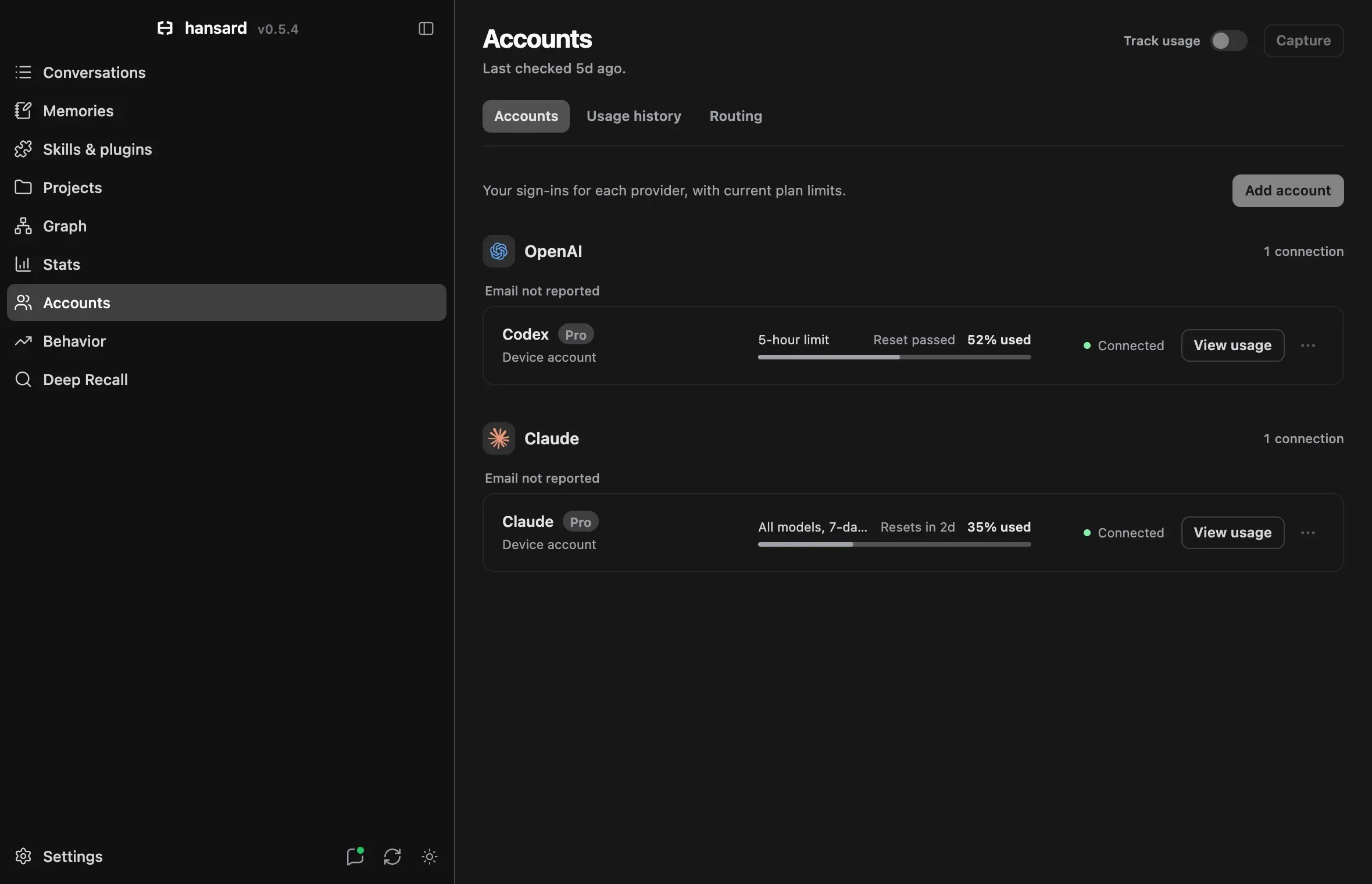 Accounts showing a Codex and a Claude sign-in with their current plan limits