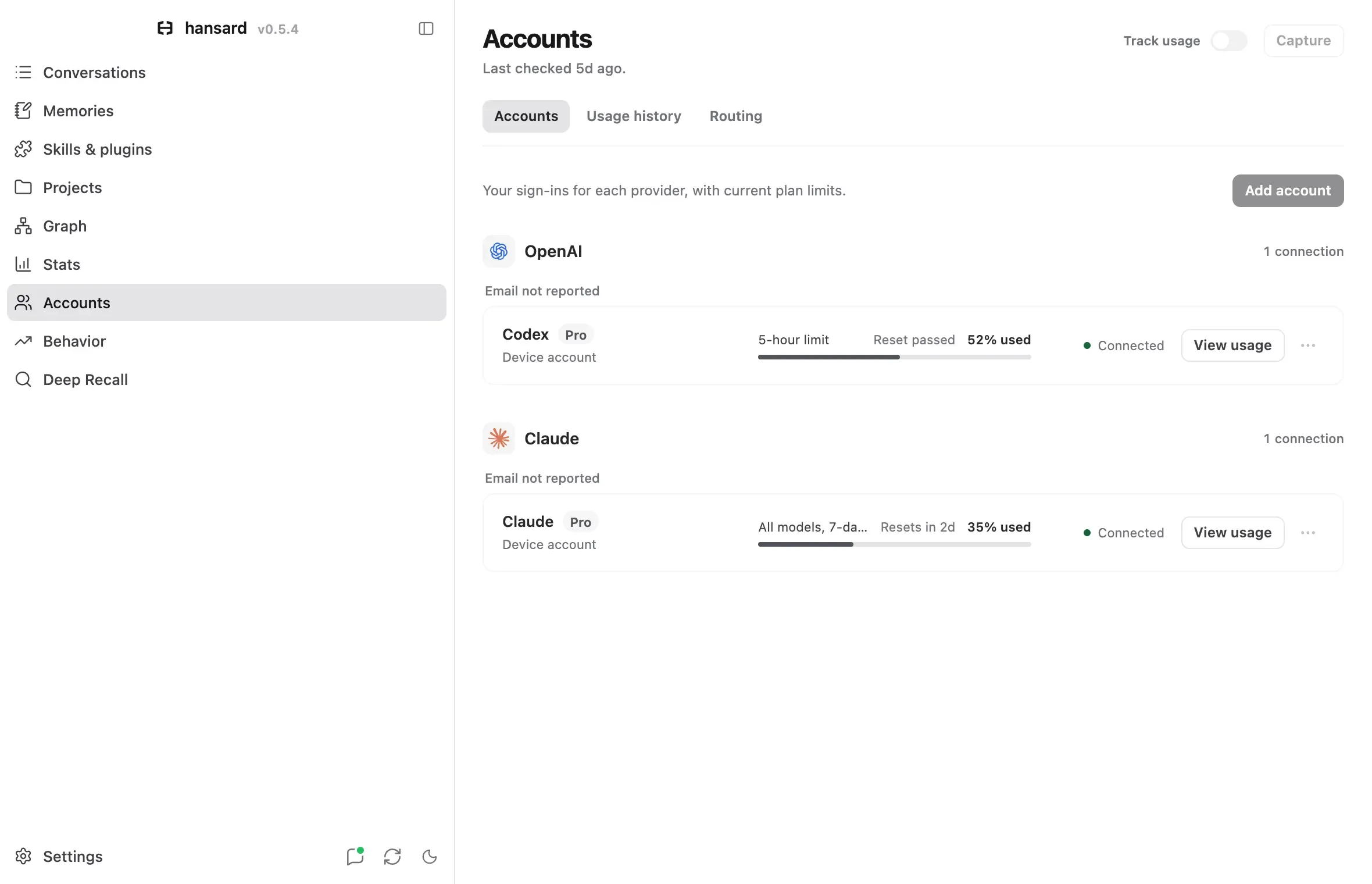 Accounts showing a Codex and a Claude sign-in with their current plan limits