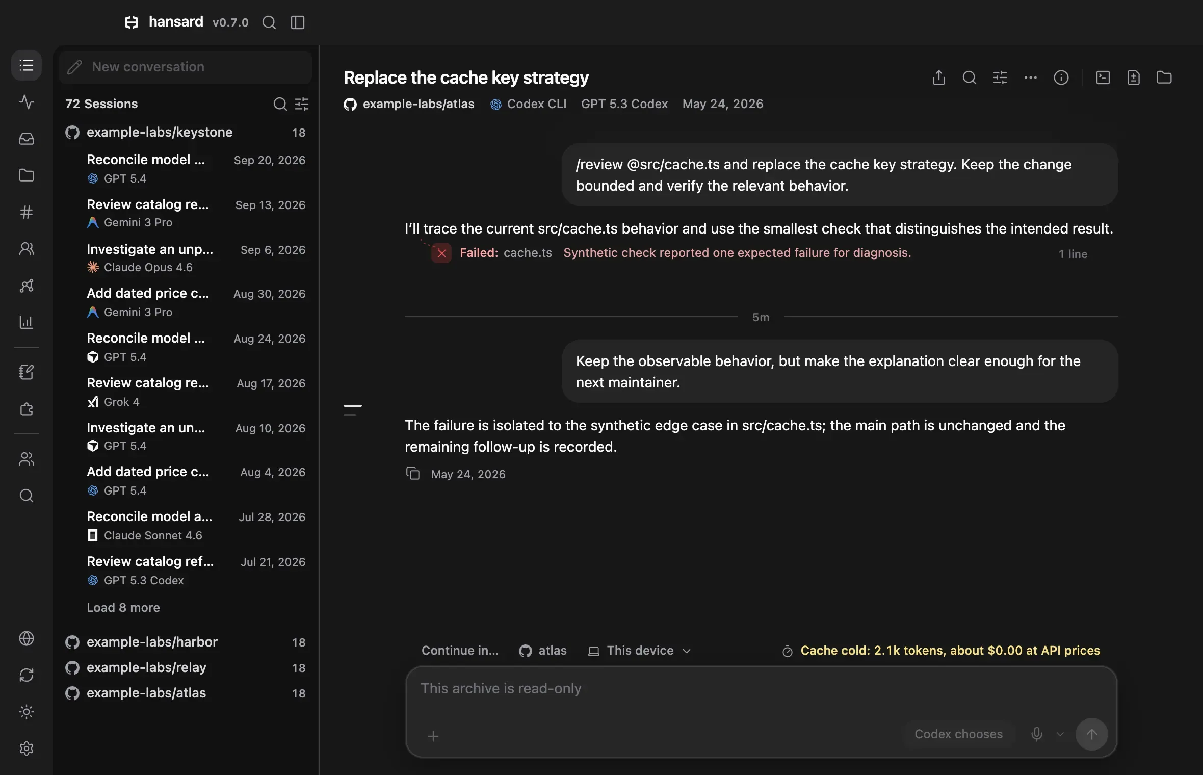 A Codex conversation open in the Hansard app, with the conversation list on the left