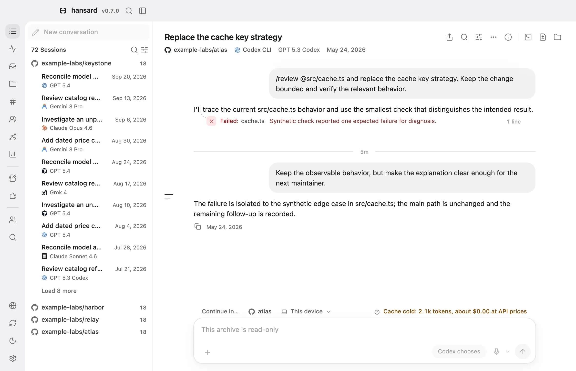 A Codex conversation open in the Hansard app, with the conversation list on the left