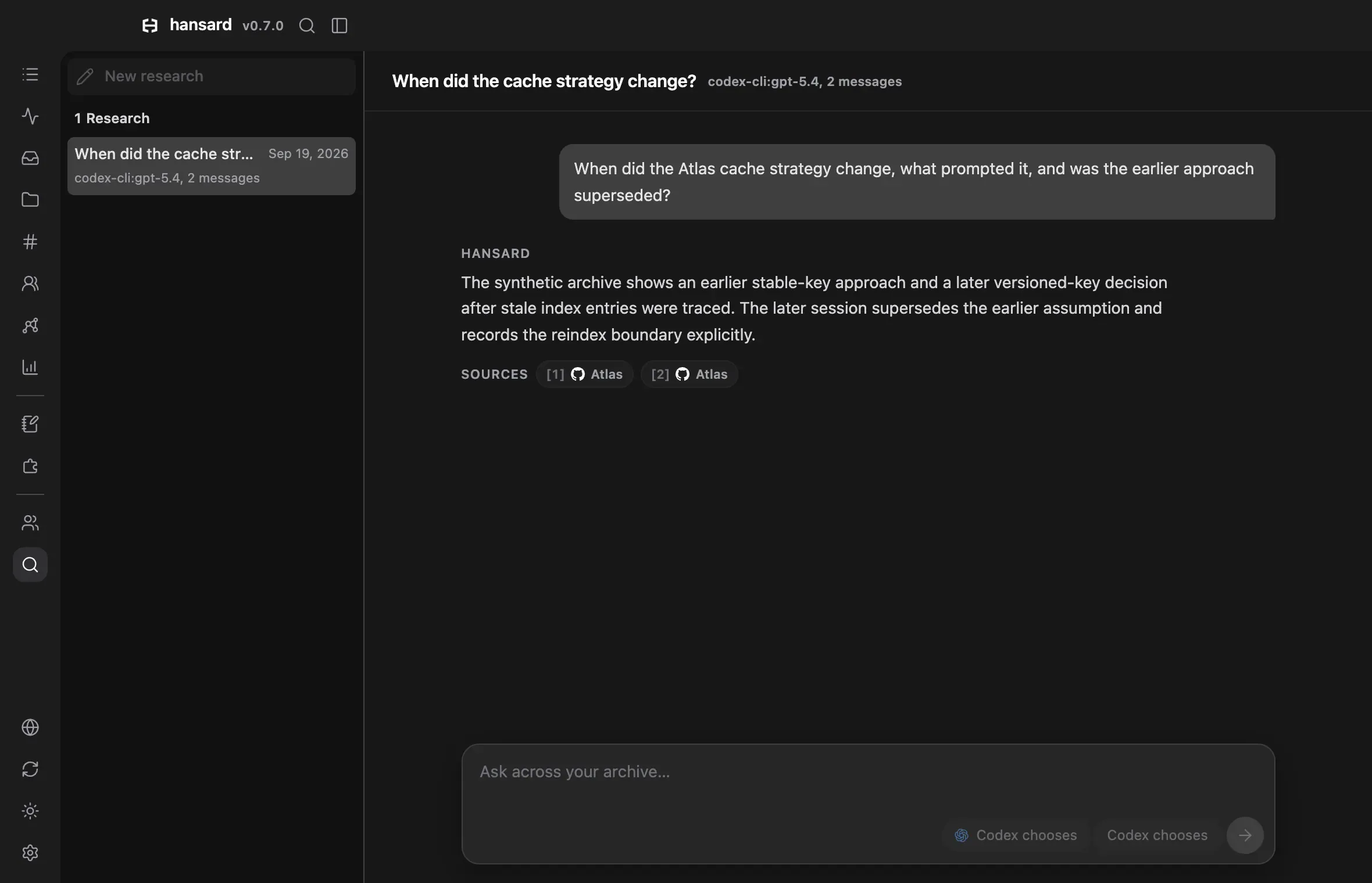 A Deep Recall answer about a change in cache strategy, citing two archived sessions