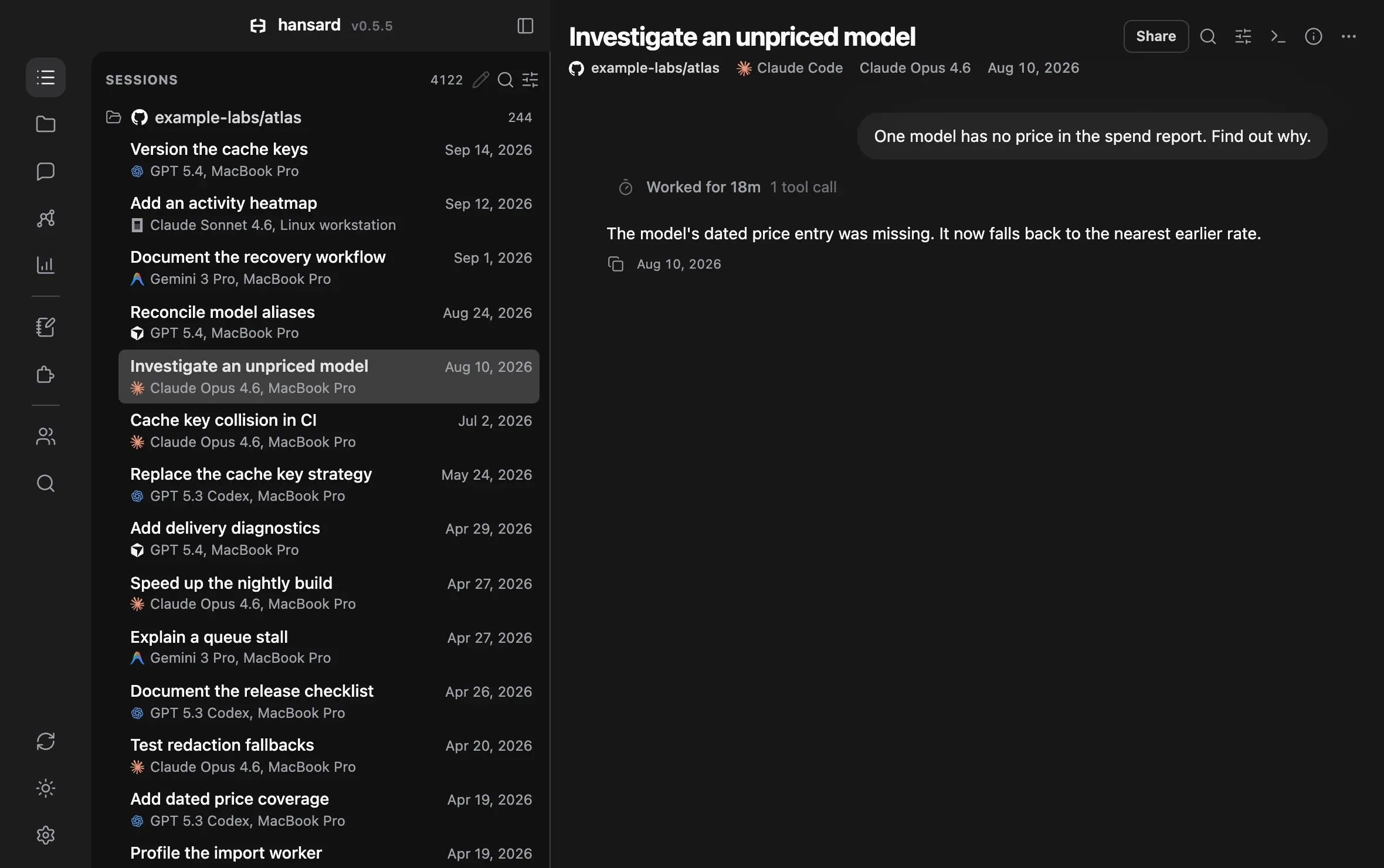 The Hansard viewer listing conversations from Codex, OpenCode, Antigravity, Cursor, and Claude Code in one project folder, with 4,122 sessions in the archive.