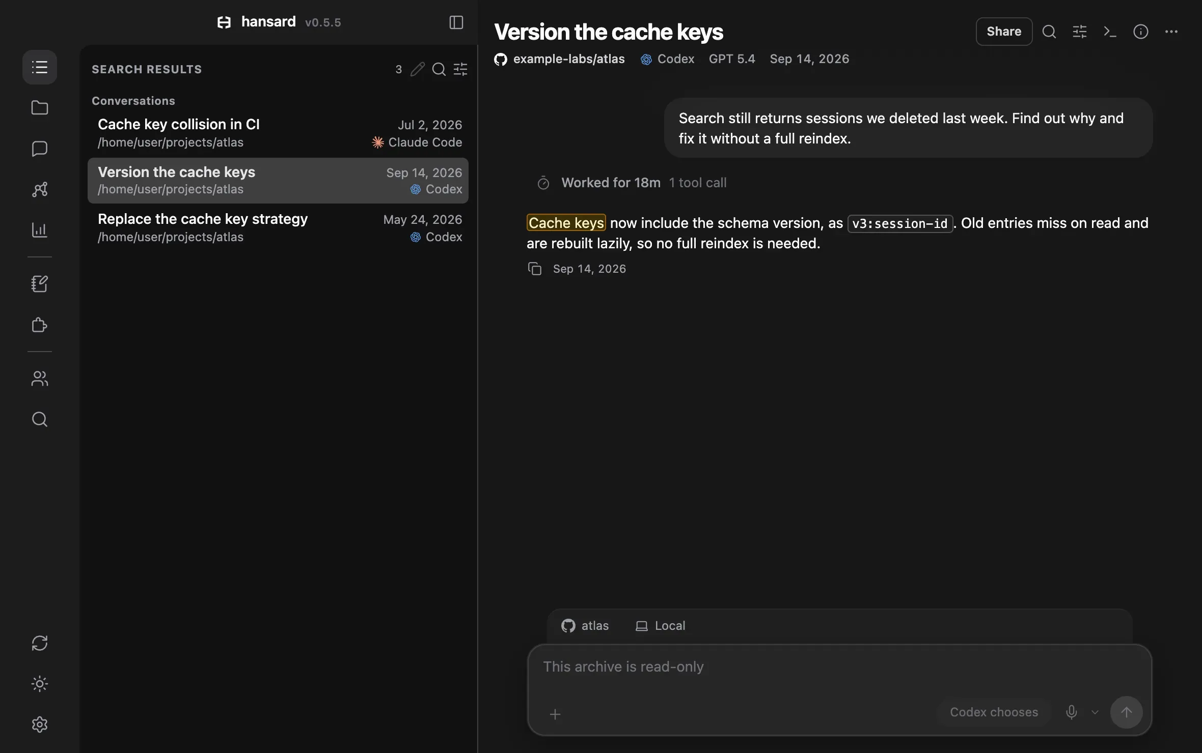The Hansard viewer after searching for cache keys: three results from Codex and Claude Code, with the match highlighted in the open conversation.