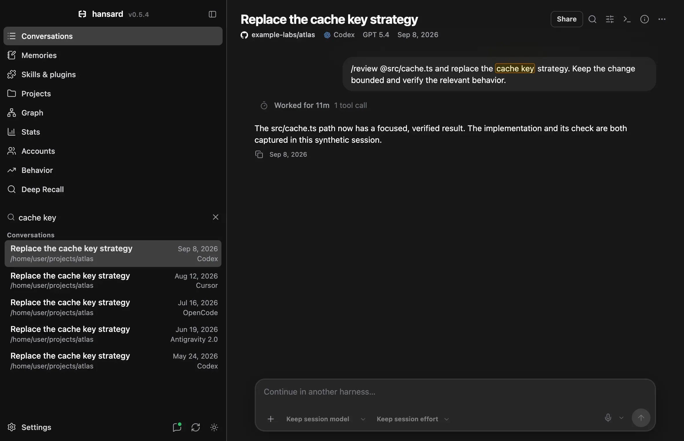 Searching for cache key lists five matching conversations and highlights the match in the open one