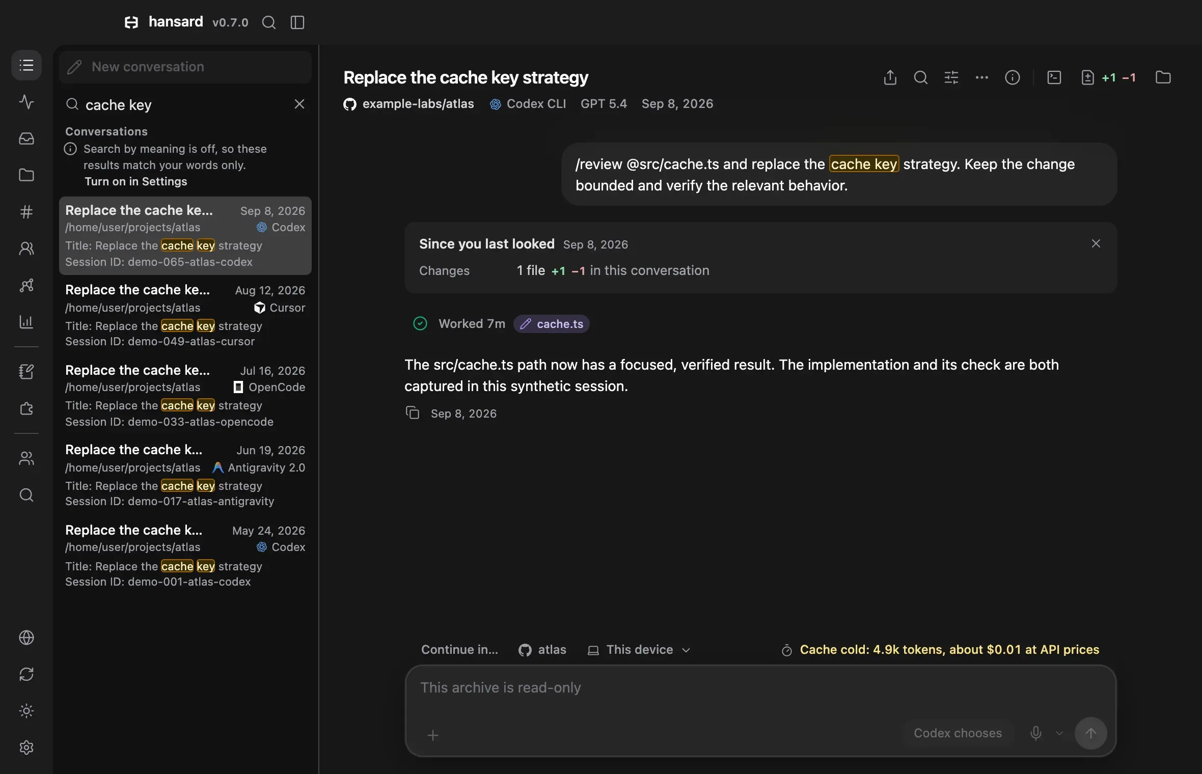 Archive search in the app, with matching conversations listed under the search box