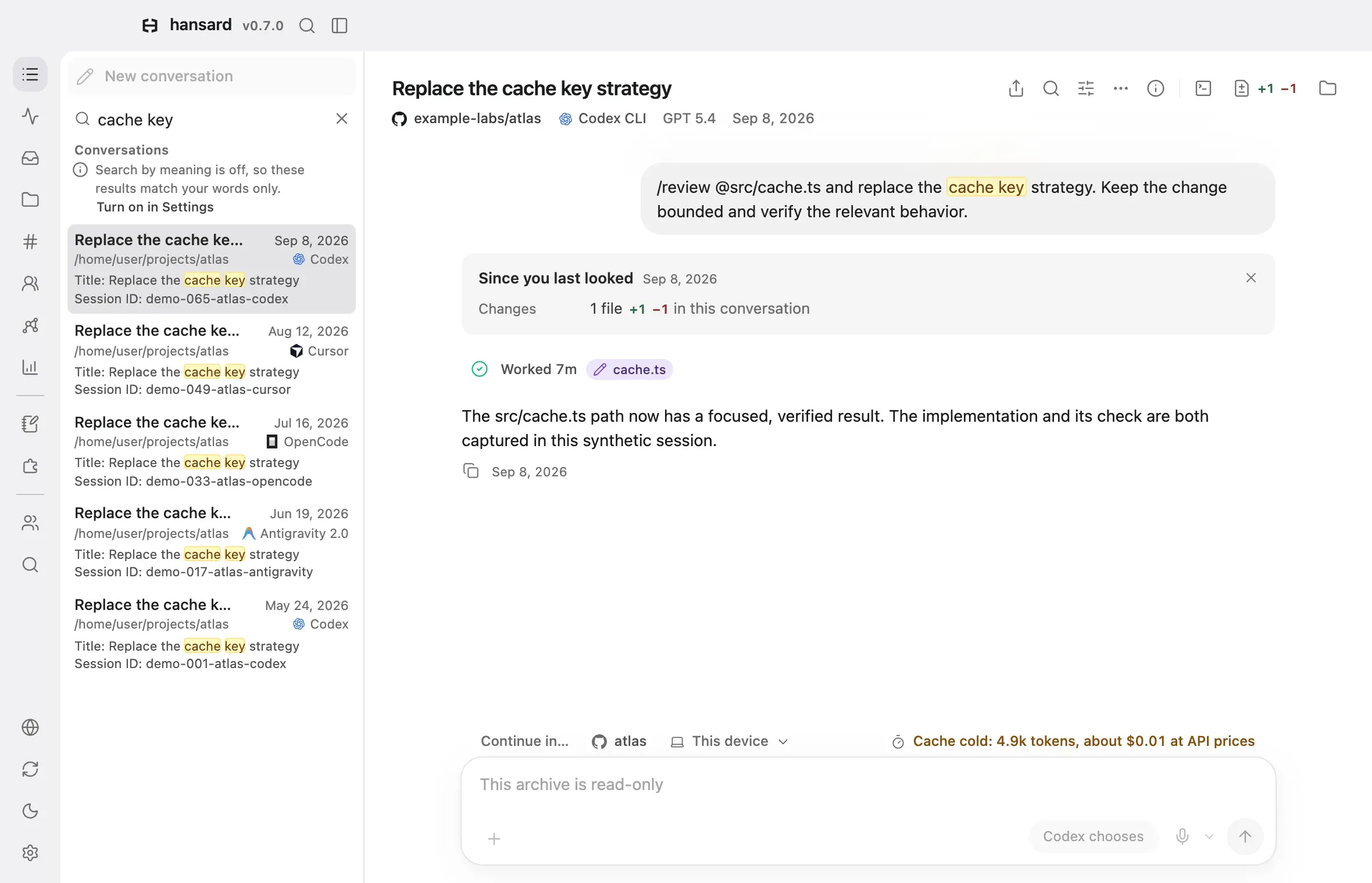 Archive search in the app, with matching conversations listed under the search box