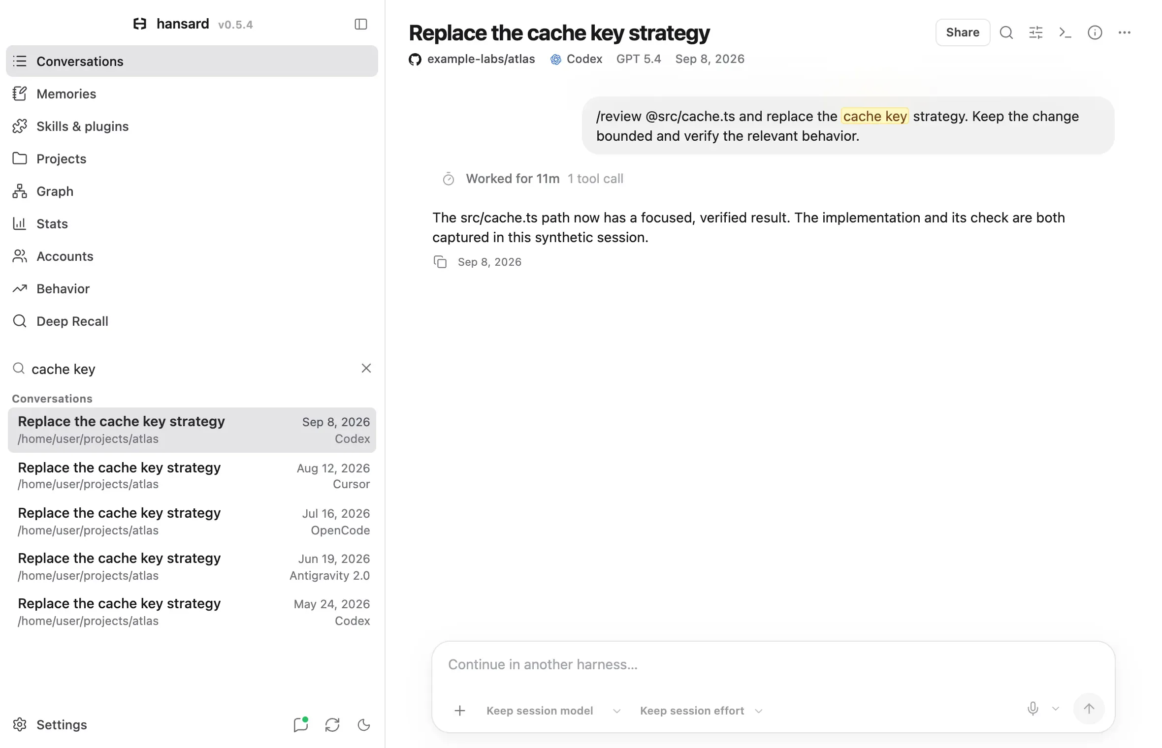 Searching for cache key lists five matching conversations and highlights the match in the open one