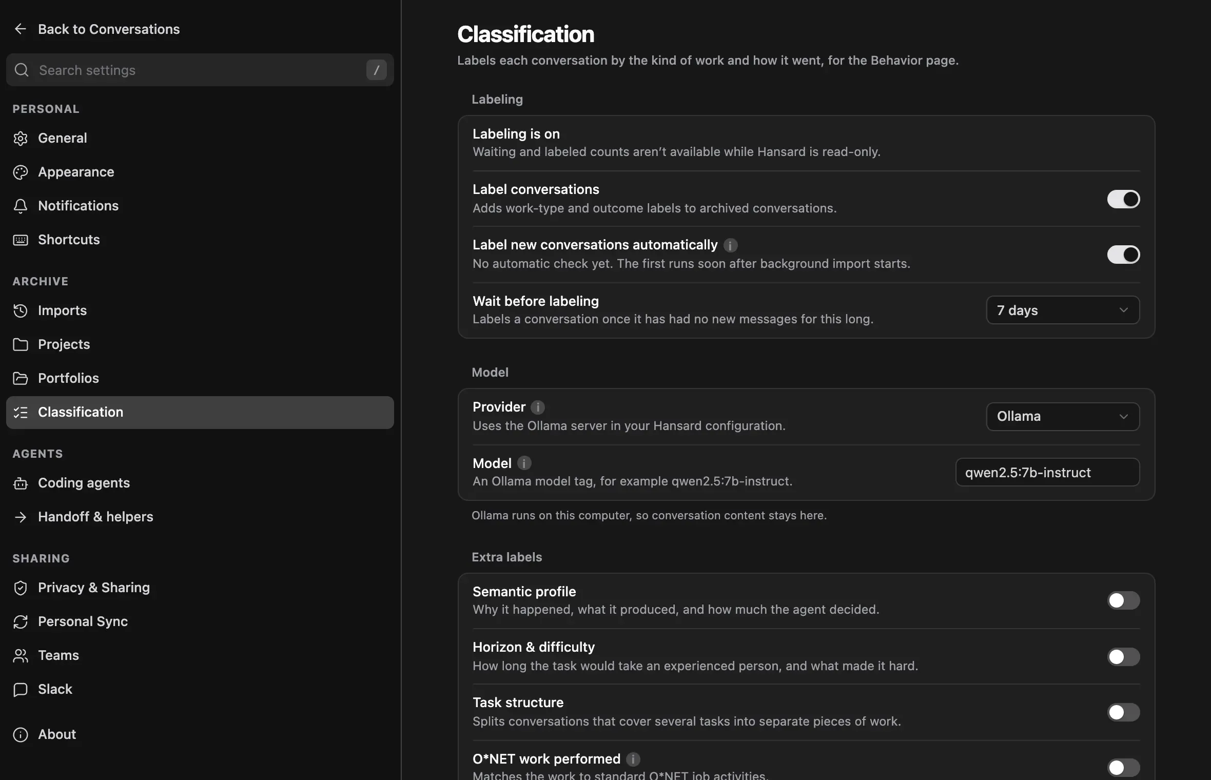Settings, Classification: labeling status, automatic labeling, the wait before labeling, and the provider