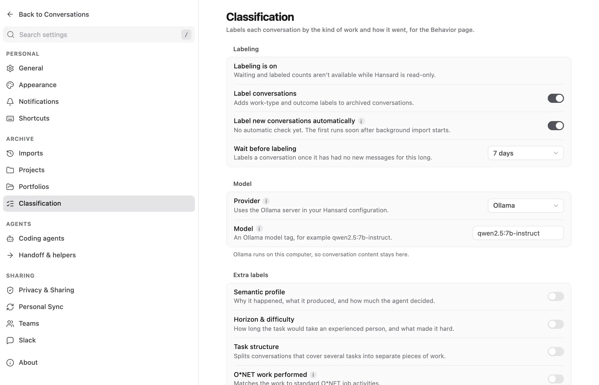 Settings, Classification: labeling status, automatic labeling, the wait before labeling, and the provider
