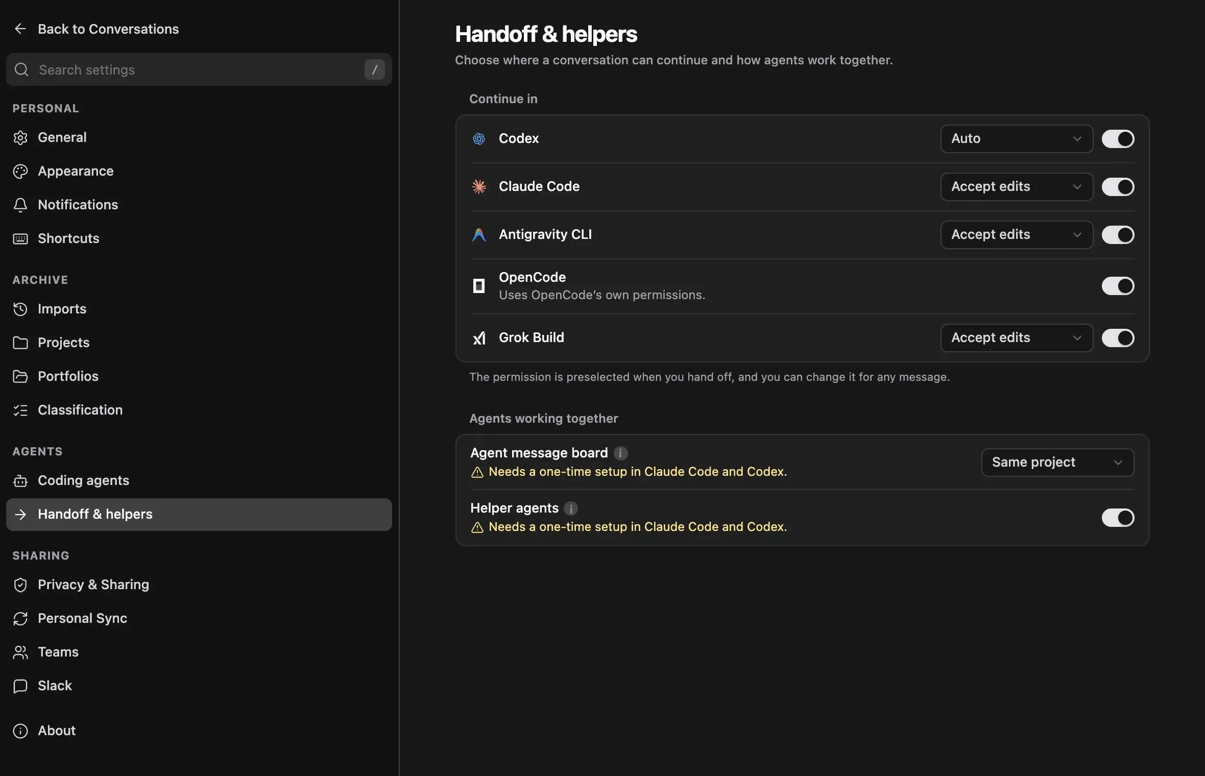 Settings, Handoff & helpers: the Continue in list with each harness's switch and default permissions