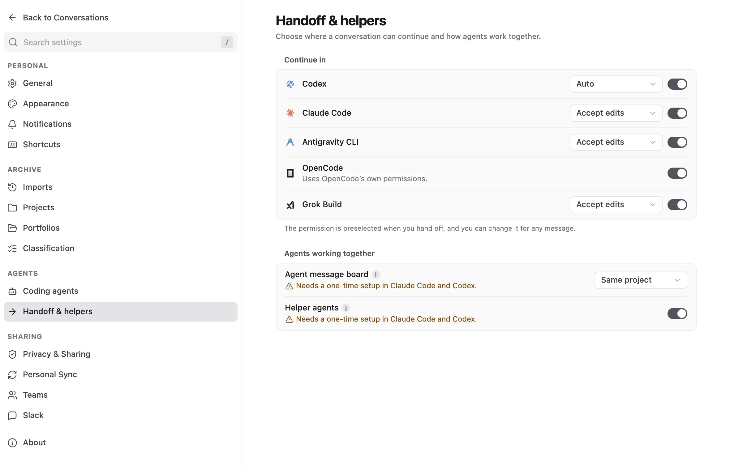 Settings, Handoff & helpers: the Continue in list with each harness's switch and default permissions