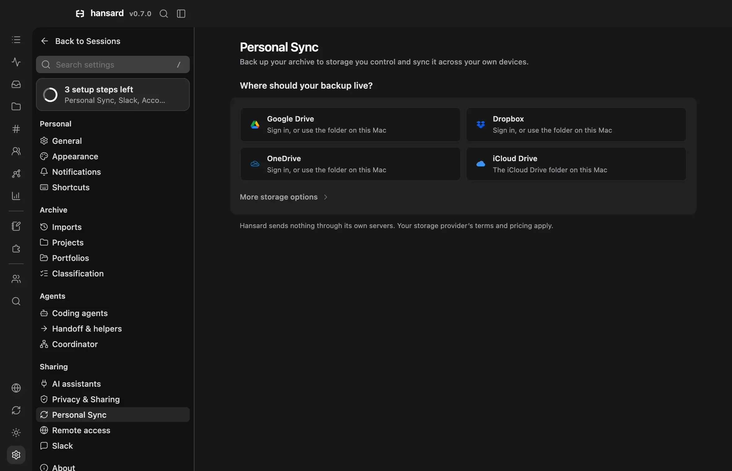 Settings, Personal Sync: the page before a backup is set up