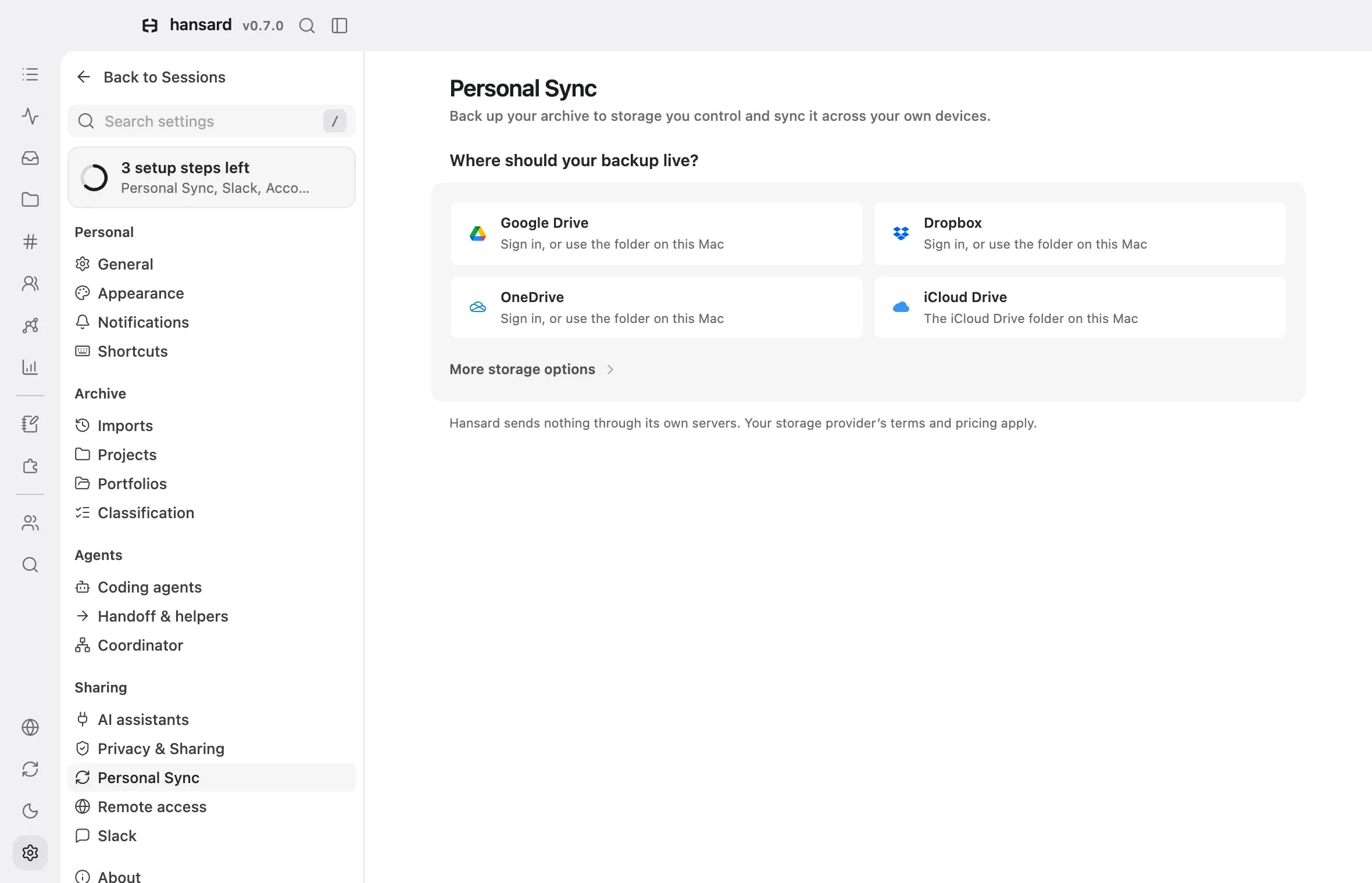 Settings, Personal Sync: the page before a backup is set up