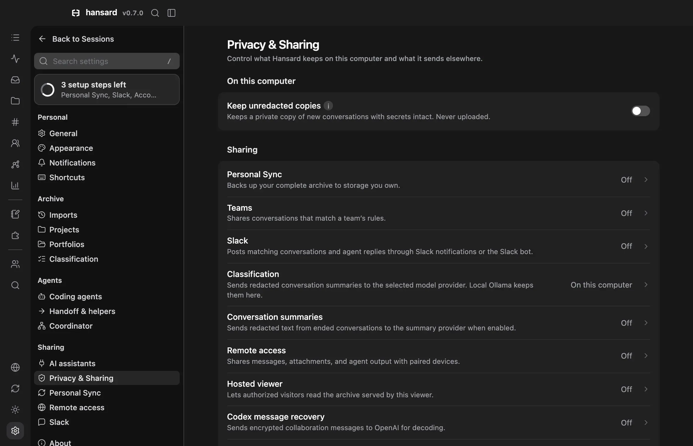 Settings, Privacy & Sharing: the Keep unredacted copies switch and the Sharing summary
