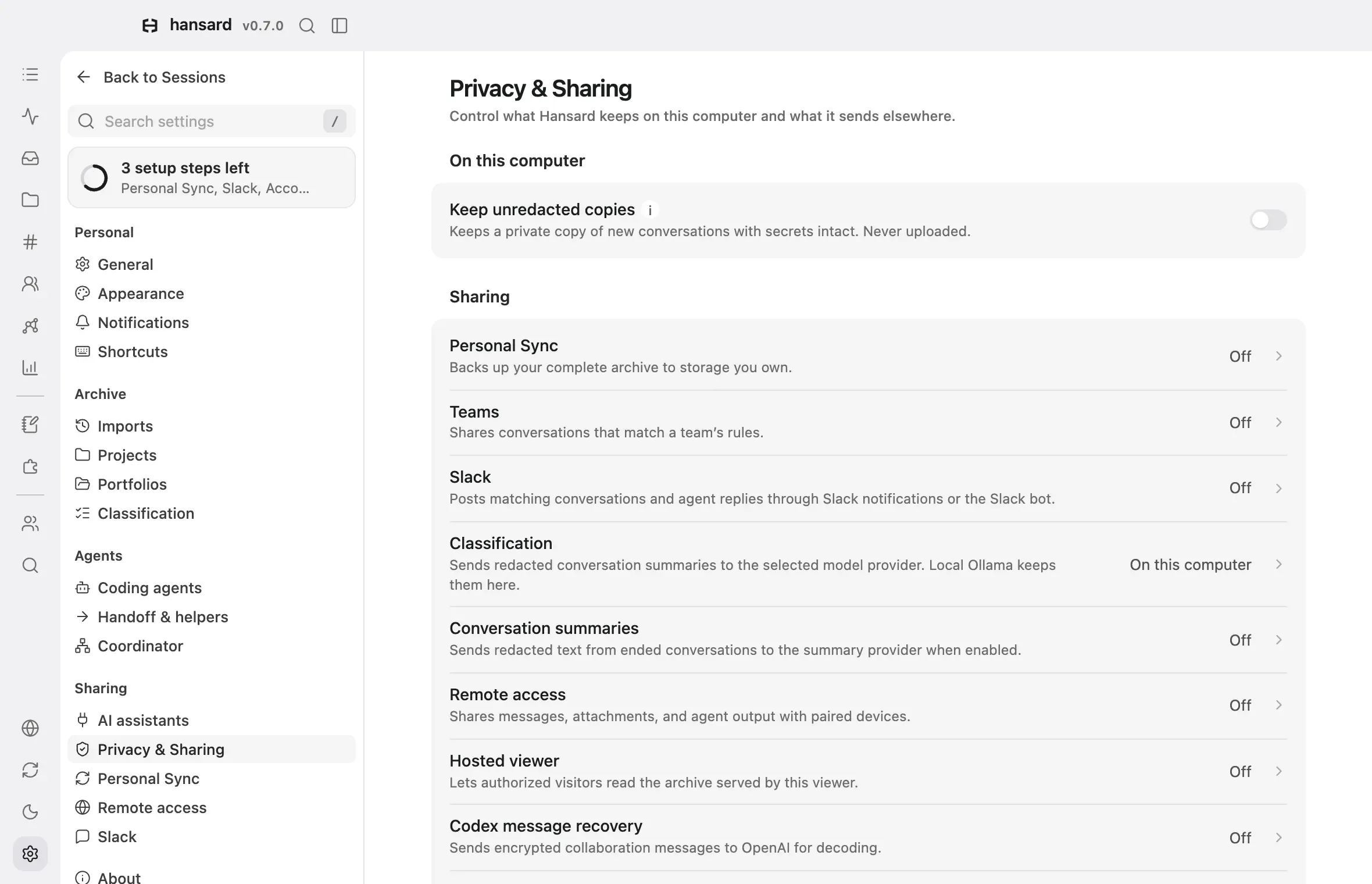 Settings, Privacy & Sharing: the Keep unredacted copies switch and the Sharing summary