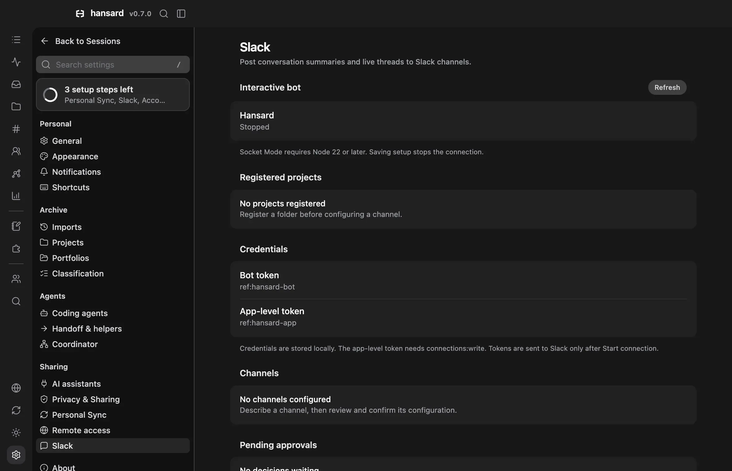 Settings, Slack: the Interactive bot section with its connection stopped and no registered projects or channels