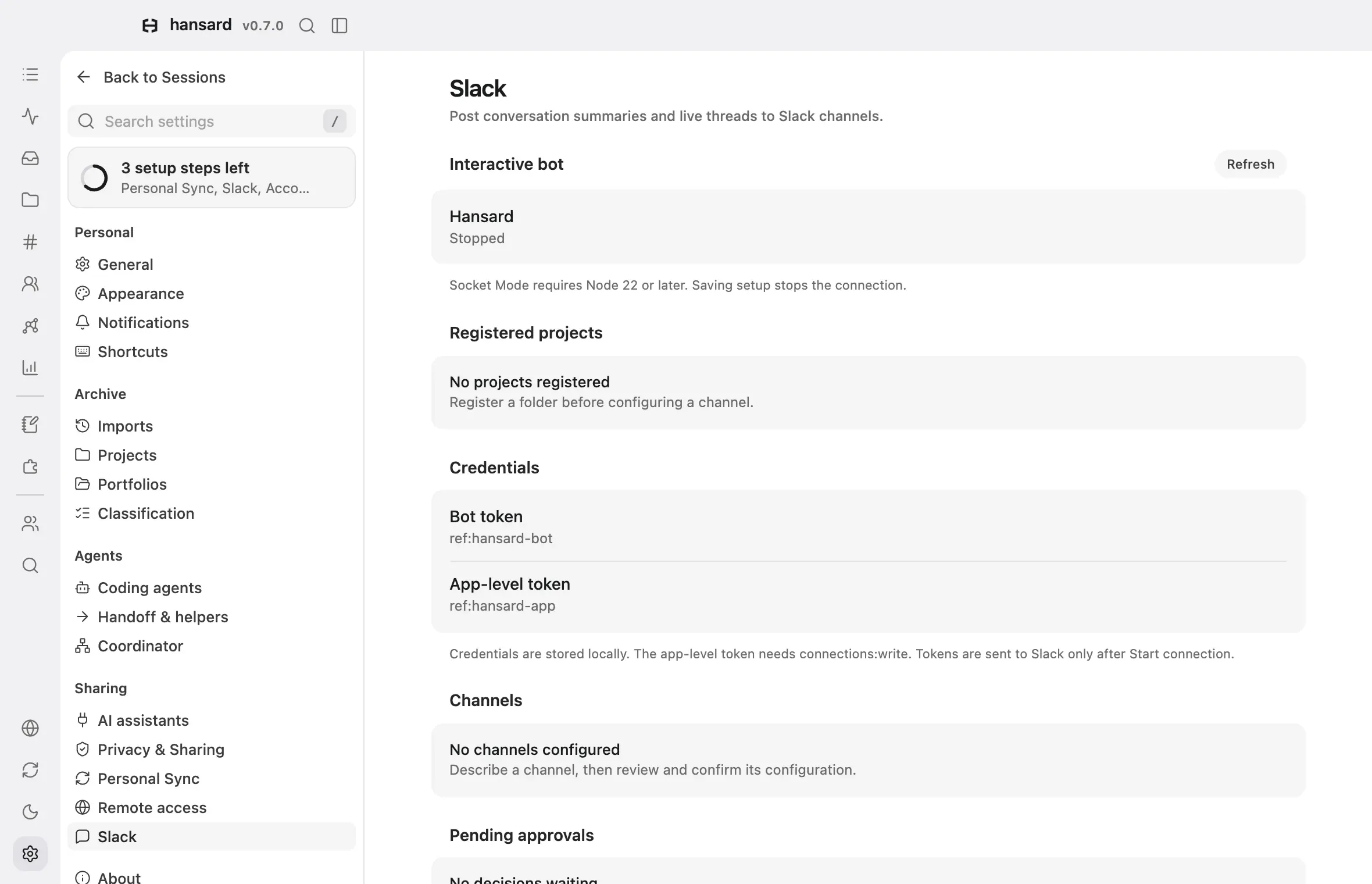 Settings, Slack: the Interactive bot section with its connection stopped and no registered projects or channels